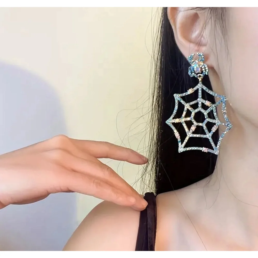 Blue Rhinestone Spider Web Stud Back Drop Earrings